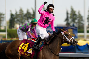 Lexie Lou (shown here under Patrick Husbands), a clear cut favourite to be named Canada's Horse of the Year on the back of wins in the Woodbine Oaks and Queen's Plate, will square off against Kentucky Derby champion California Chrome in Saturday's Grade 1, $300,000 Hollywood Derby, at Del Mar. Photo by Michael Burns Photography
