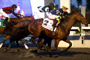 Luis Contreras guides Lukes Alley to victory in the $200,000 Autumn Stakes at Woodbine. Photo by Michael Burns