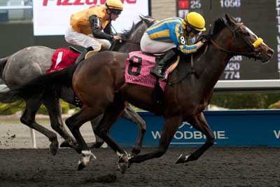 Jockey David Moran guides I'm a Kittyhawk to victory in the $125,400 Ballade Stakes, at Woodbine. Photo by Michael Burns Photography
