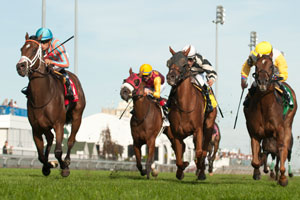 Alan Garcia guides Conquest Strate Up to victory in the $125,000 dollar La Prevoyante Stakes at Woodbine. Photo by Michael Burns Photography