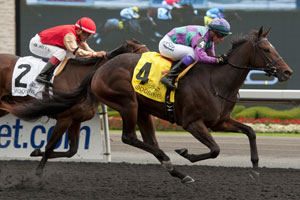 Luis Contreras (#4) guides Gamble's Ghost to victory in the $150,000 Mazarine Stakes. Photo by Michael Burns Photography