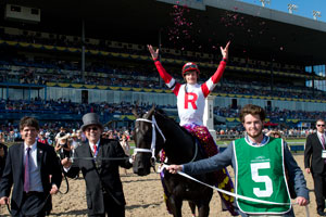 Jockey Julien Leparoux celebrates his Queen's Plate victory aboard Sir Dudley Digges. Photo by Michael Burns Photography