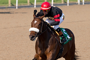 Luis Contreras guides Holy Helena to victory in the $500,000 Woodbine Oaks. Photo by Michael Burns