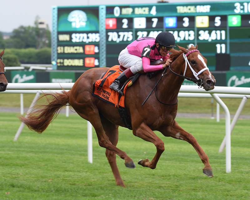 Got Stormy and jockey John Velazquez winning the Wild Applause Stakes on June 23 at Belmont Park.