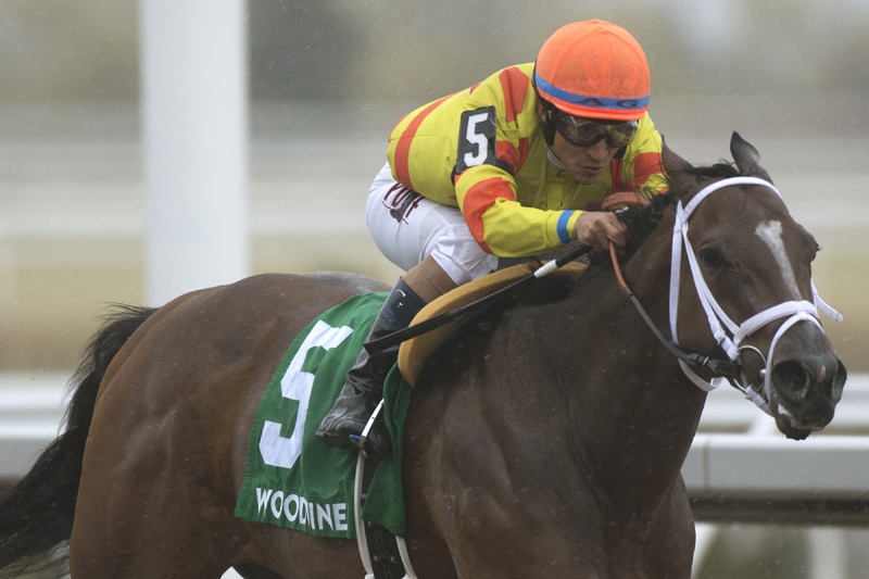 Shakopee Town and jockey Alan Garcia winning the $125,000 Whimsical Stakes (Grade 3) on Opening Day of the 2019 Thoroughbred meet, Saturday, April 20.