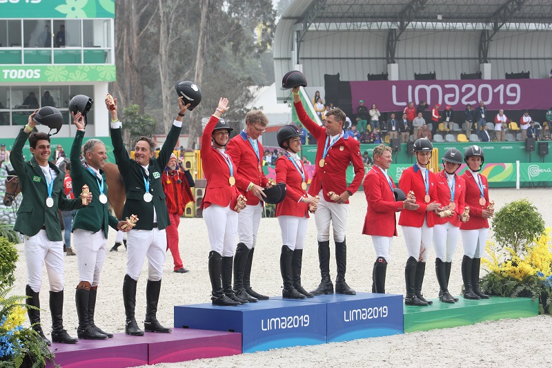 The Eventing podium at the Pan Am Games in Lima: (l-r) team Brazil (silver); Team USA (gold); Team Canada (bronze)