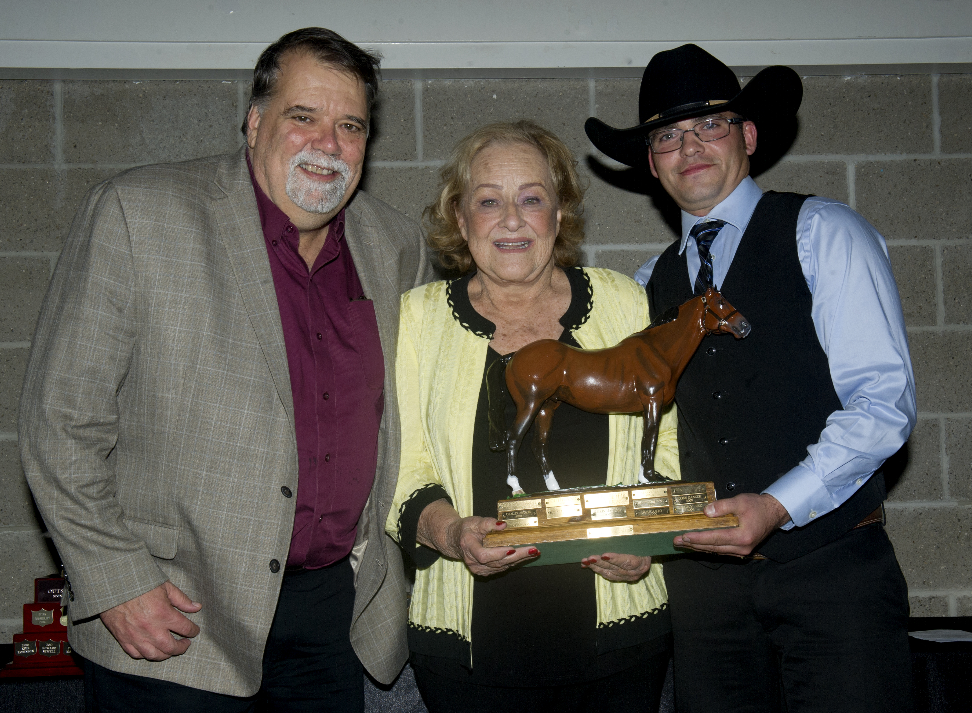 Fort Erie, ON October 10, 2019 HBP Awards Horse of the Year Sniper Owner Colleen Beaumier, trainer Preston Ferris, presented by Tom Valiquette (far left) michael burns photo