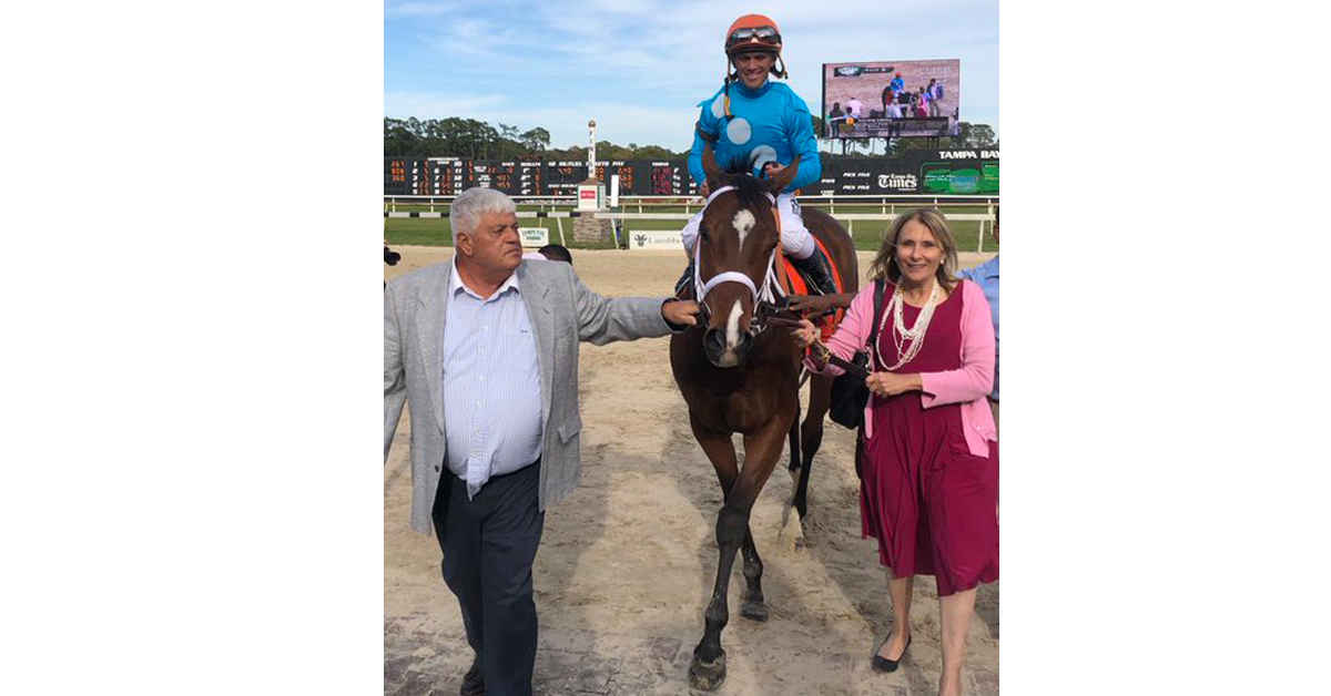 STARSHIP JUBILEE, the incredible Canadian champion, is 3 for 3 in 2020 for owner BONNIE BASKIN (right). Tino Attard, father of trainer Kevin, accompanies the 7-year-old mare after the HiIllsborough Stakes win - Tampa Bay Downs photo