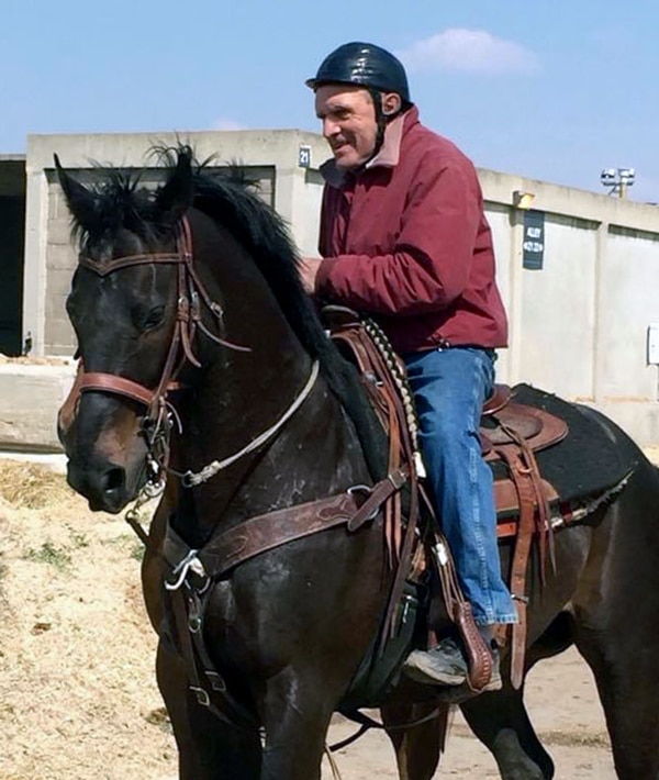 Dale Saunders on an exercise pony at the track.