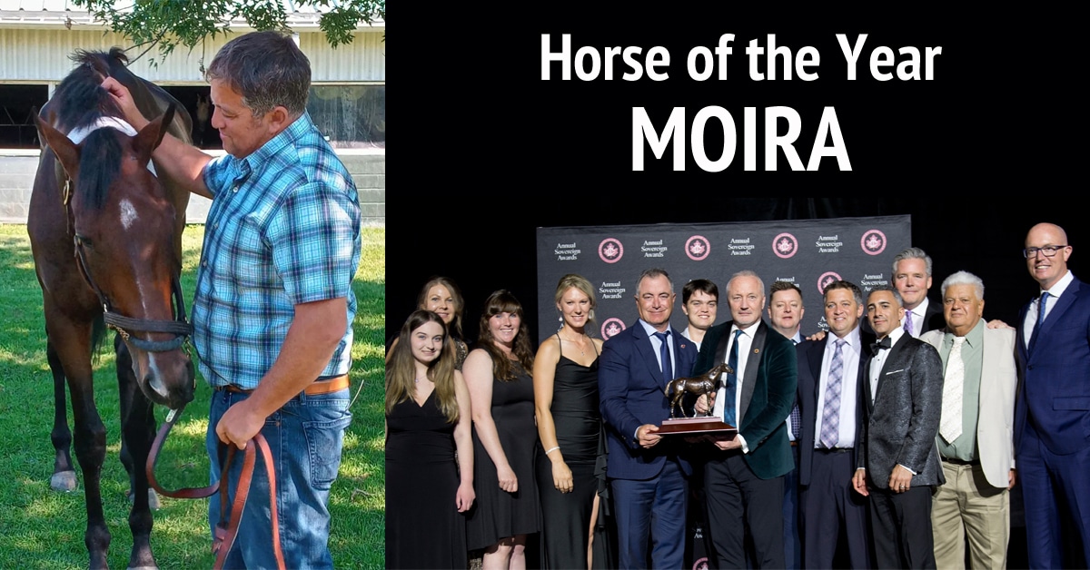 Racehorse Moira and a group of people accepting the Sovereign Award.