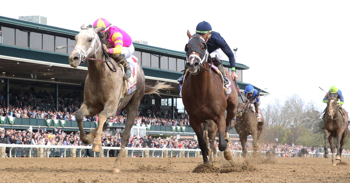 Tapit Trice edging past past Verifying in the Toyota Blue Grass Stakes at Keeneland.