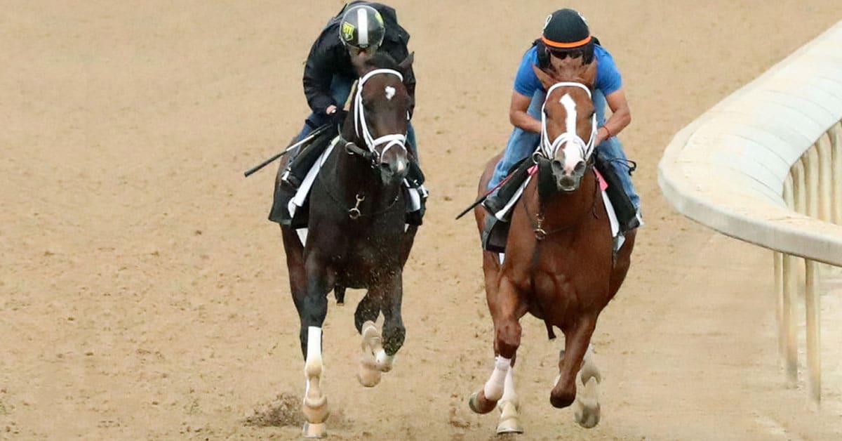 Two racehorses working out at Churchill Downs.