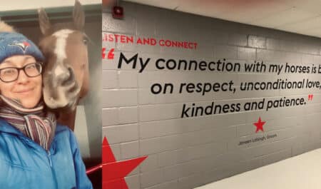 Groom Janeen Lalsingh with a horses, and the wall at Woodbine with her quote on it.