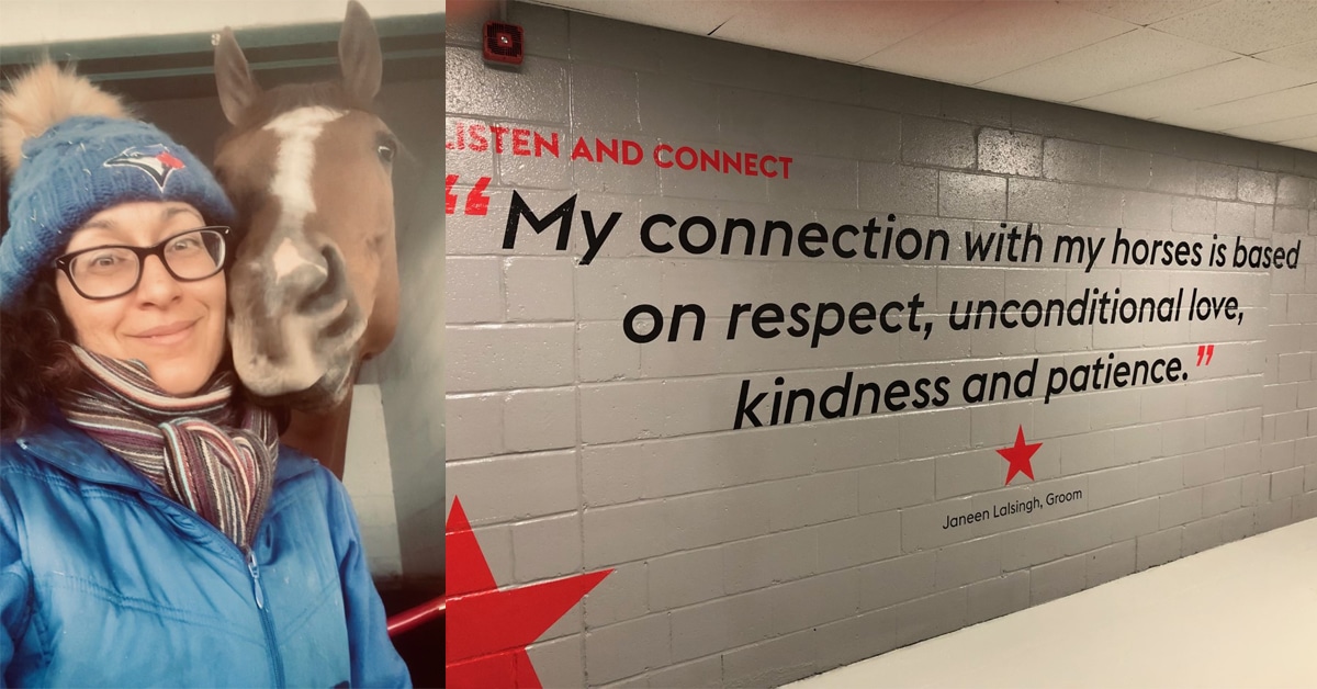 Groom Janeen Lalsingh with a horses, and the wall at Woodbine with her quote on it.