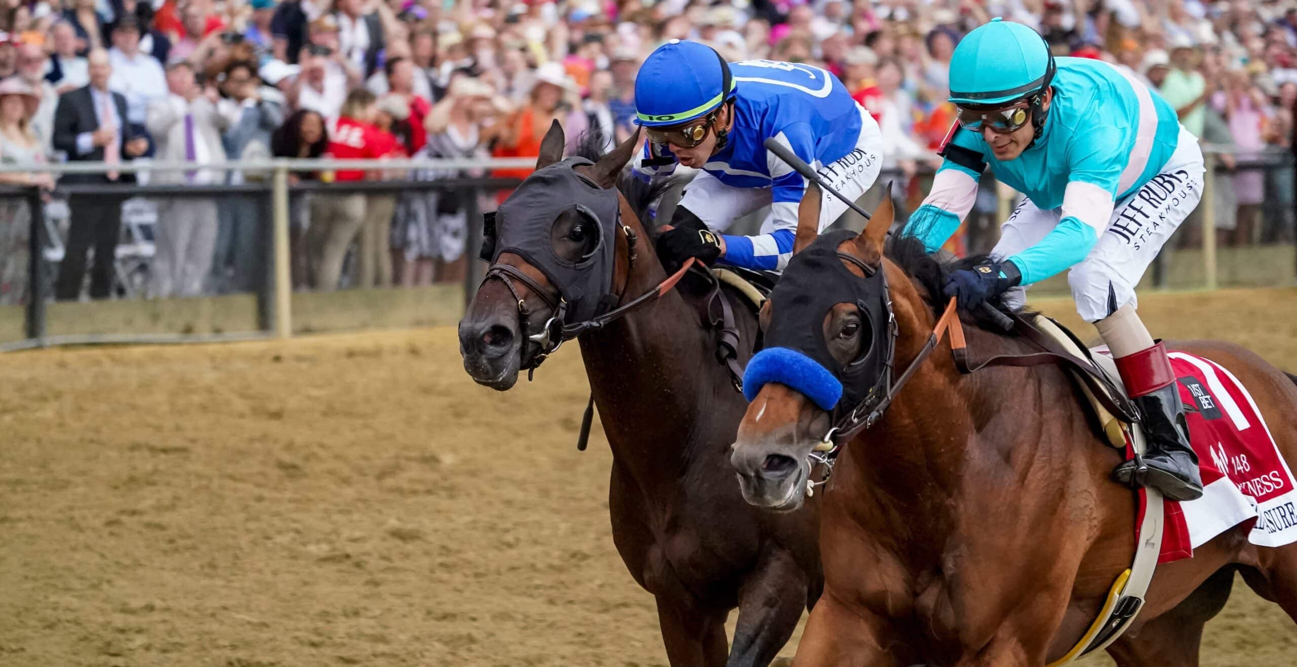National Treasure winning the Preakness Stakes over Blazing Sevens.