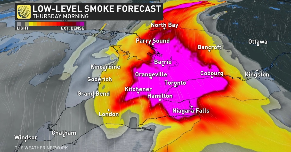 A map showing wildfire smoke over Toronto.