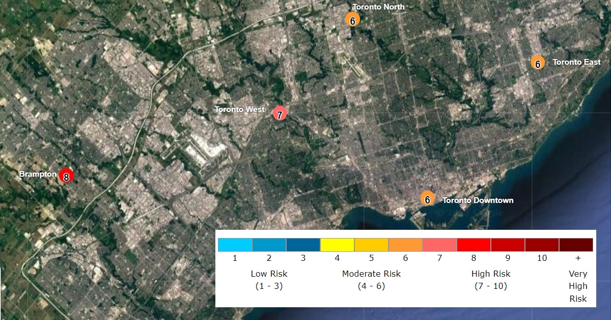 A map showing poor air quality in the GTA.