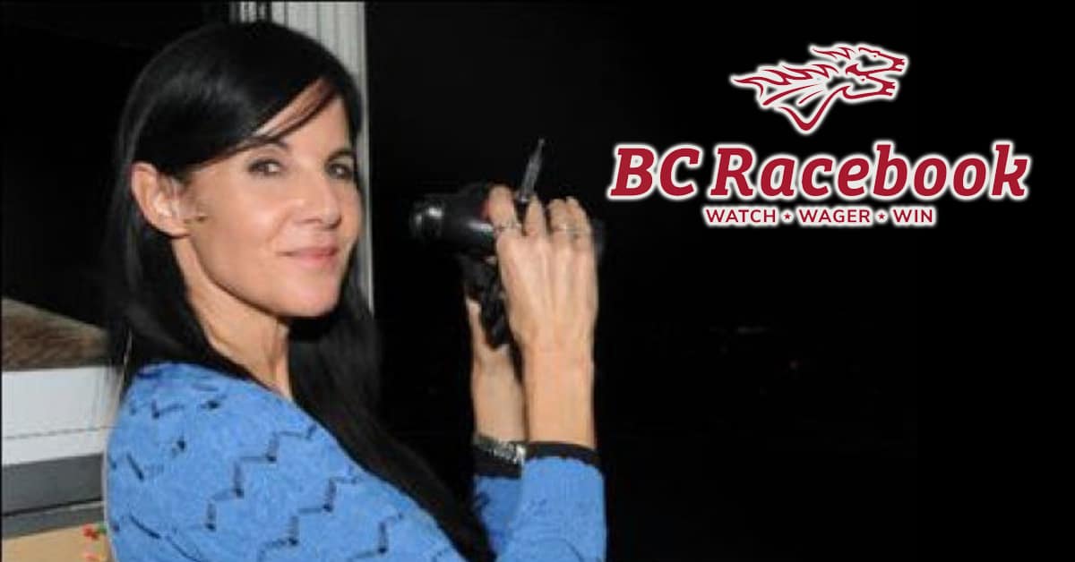 Dawn Lupul with binoculars; BC Racebook logo.