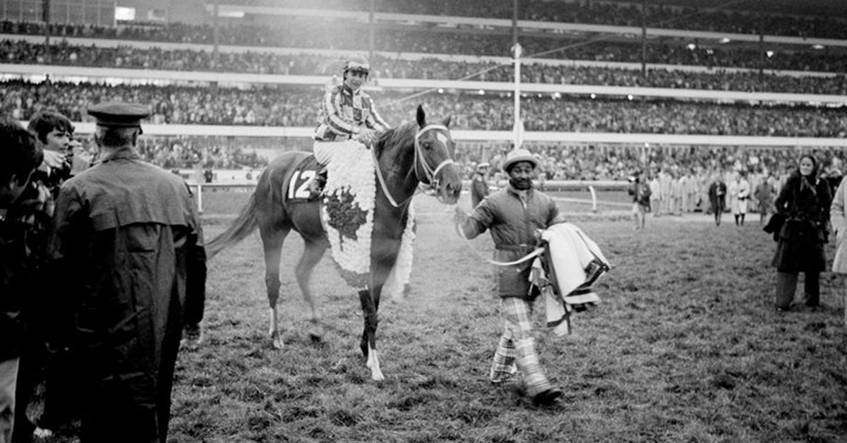 A black-and-white photo of Secretariat at Woodbine.