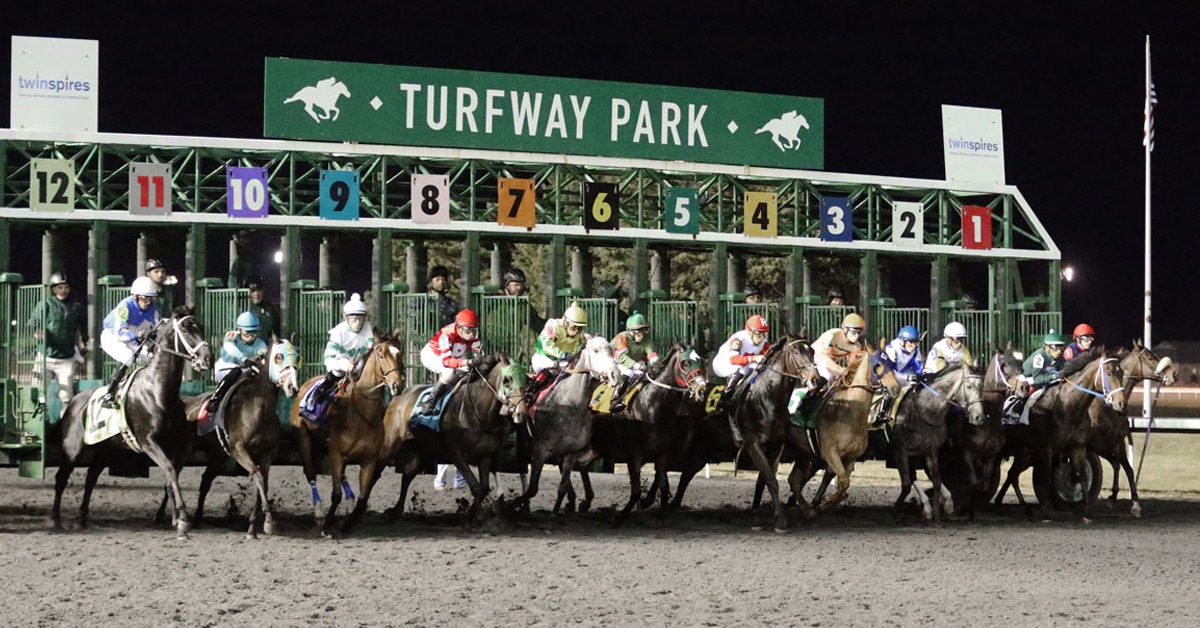 Horses breaking from the gate at Turfway Park.