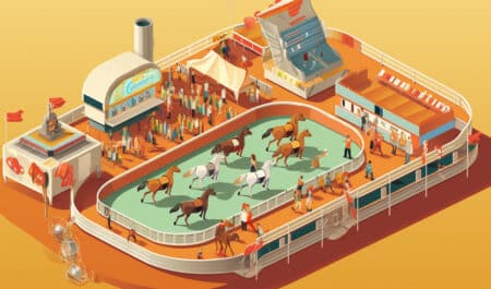 An illustration of horses at a track.