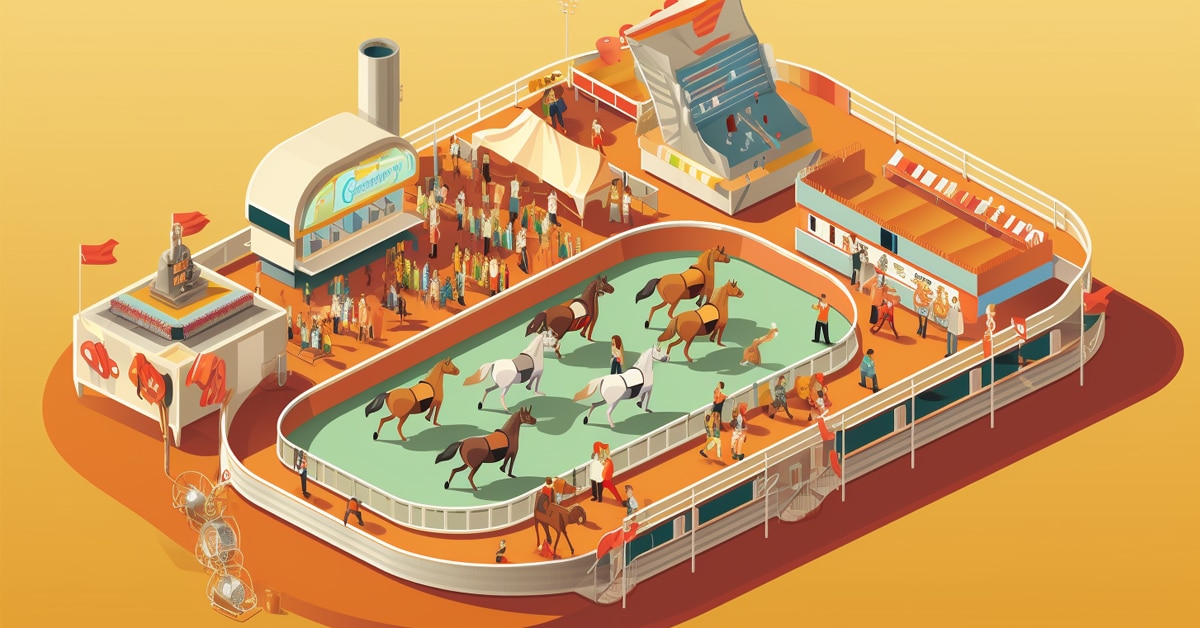 An illustration of horses at a track.