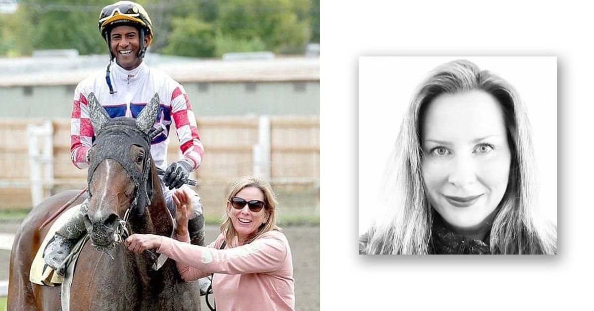 A woman holding a racehorse; a headshot of Tara Neigel.
