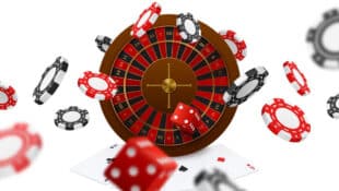 A graphic of dice, cards, chips and a roulette wheel.