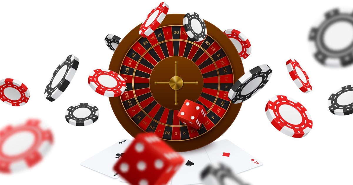 A graphic of dice, cards, chips and a roulette wheel.