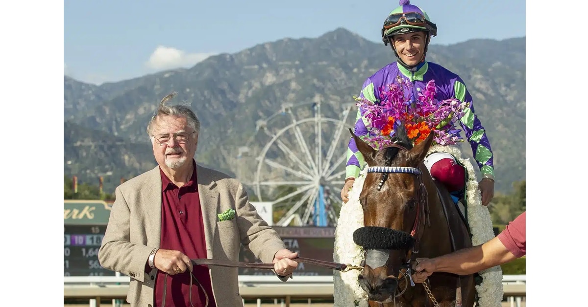 A man leading a horse and jockey to the winners circle with mountains in the background.