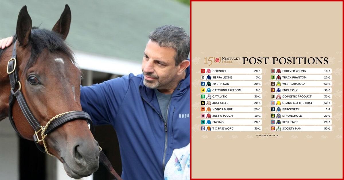 A man patting a bay horse; a chart with the Derby post positions.