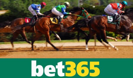 Horses racing; a bet365 logo.