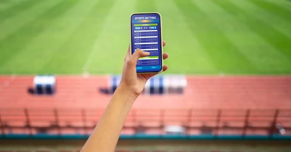 A person holding a cell phone at a sport stadium.