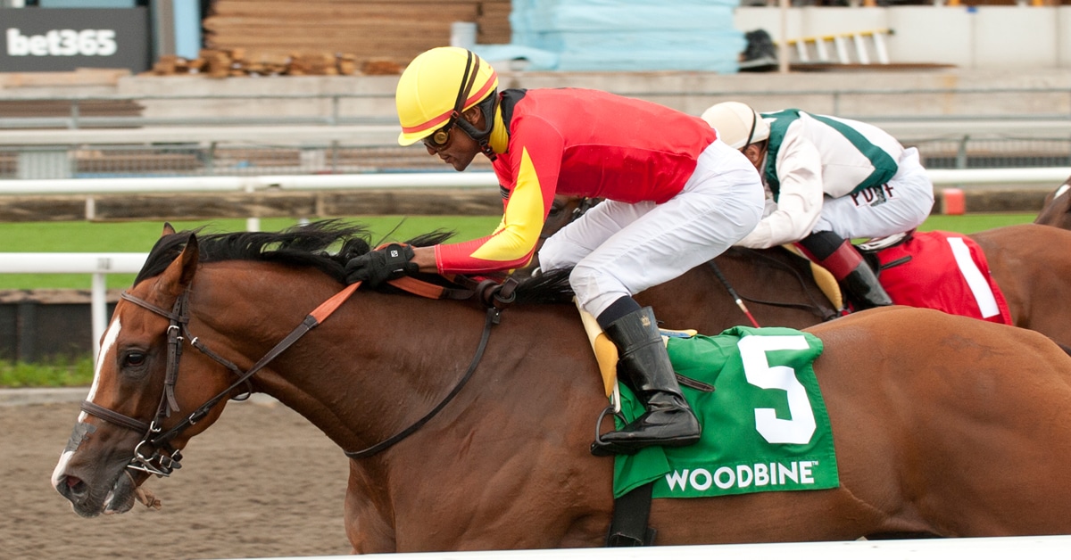 A jockey with red-and-yellow silks riding a winning racehorse at Woodbine.