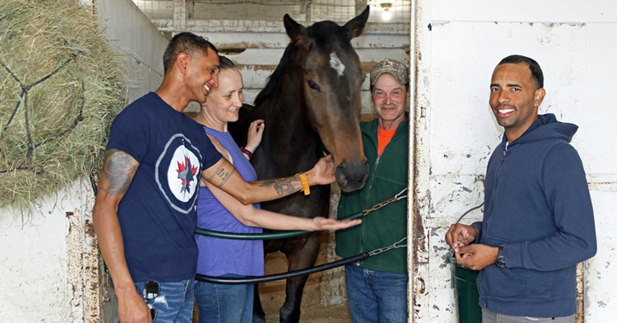 A group of people standing with a racehorse in its stall.