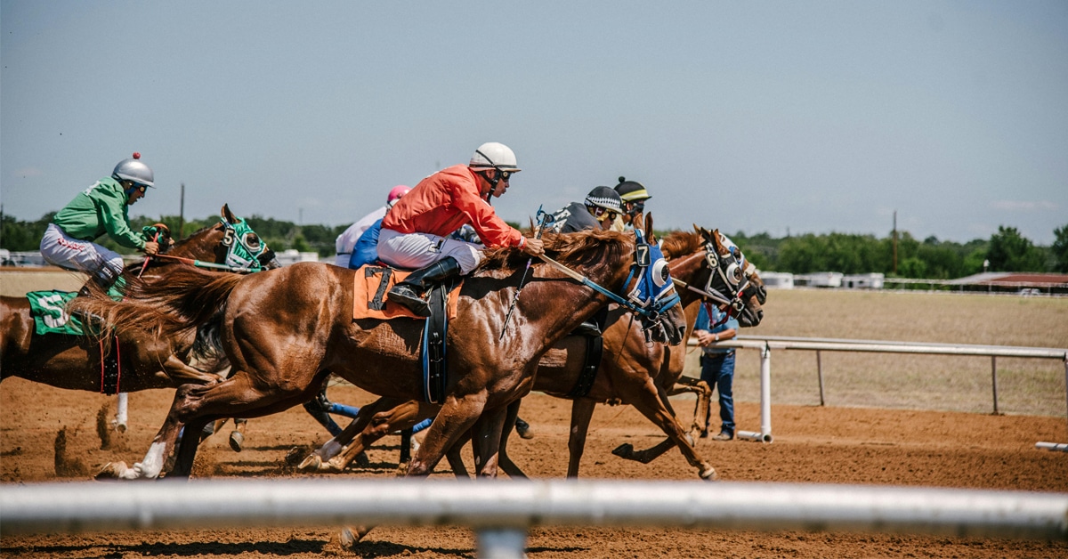 A group of horses racing on a dirt track.