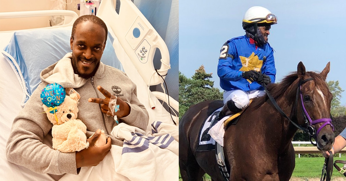 A man in a hospital bed; a jockey on a racehorse.